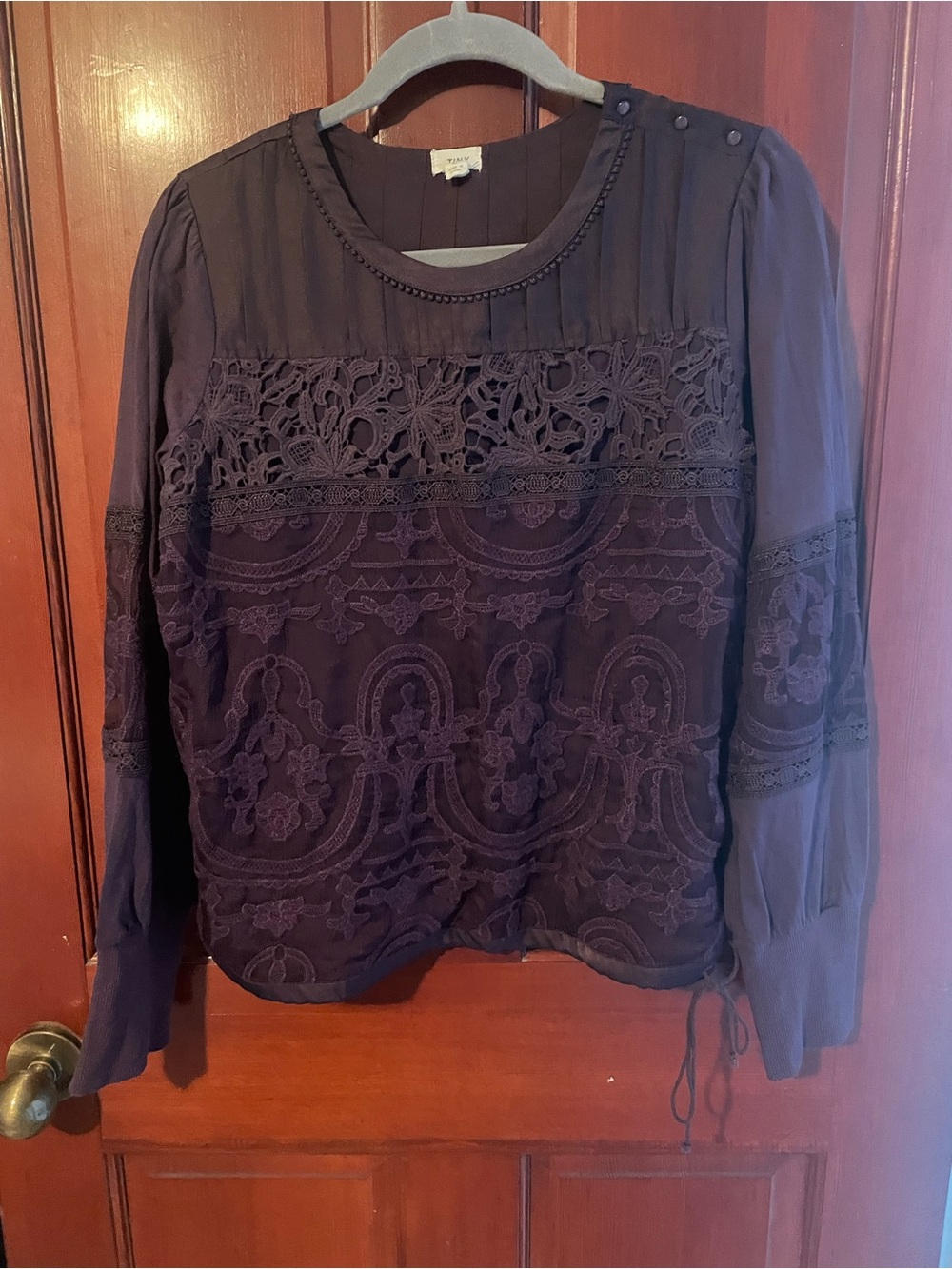 Tiny Brand by Anthropology, Woven Lace-Panel Long Sleeve Blouse, Deep Purple